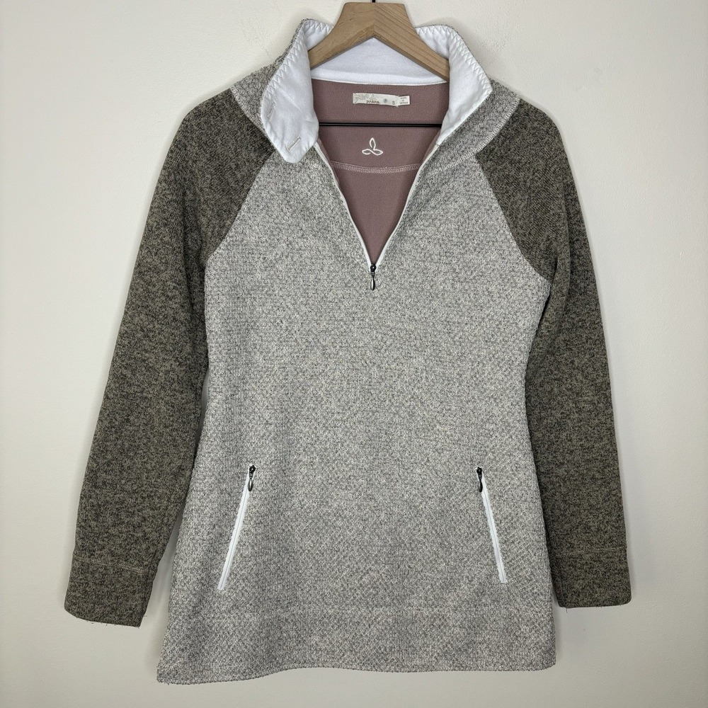 Prana Henley Small Polartec Fleece Sweater Pullover Gray Brown Cowl Mock Neeck - Picture 3 of 11